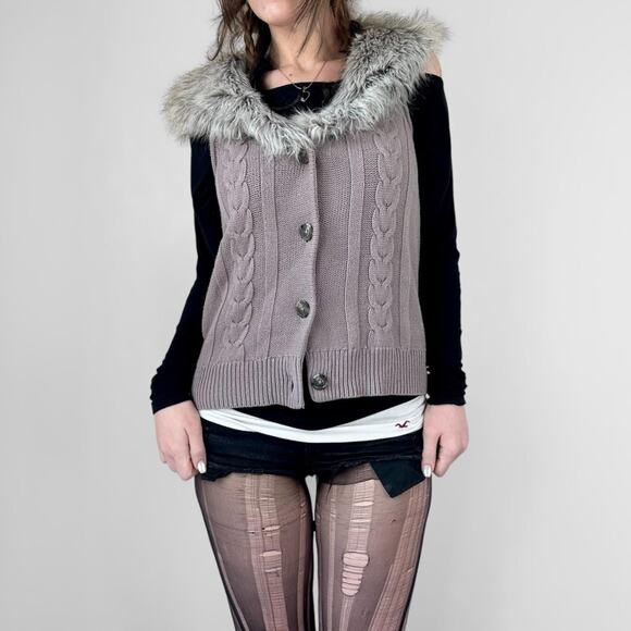 gray boho gyaru knit faux fur vest - Picture 1 of 8